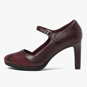CLARKS AMBYR LIGHT MARY JANE HIGH HEEL PUMP. SIZE 11. BURGUNDY LEATHER AND SUEDE